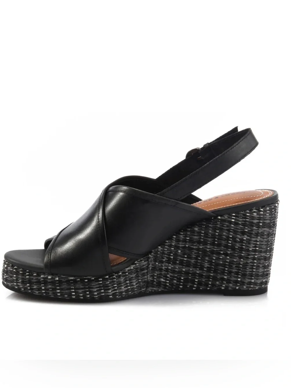 Lucky Brand Black Leather Crossband Wedge Sandals